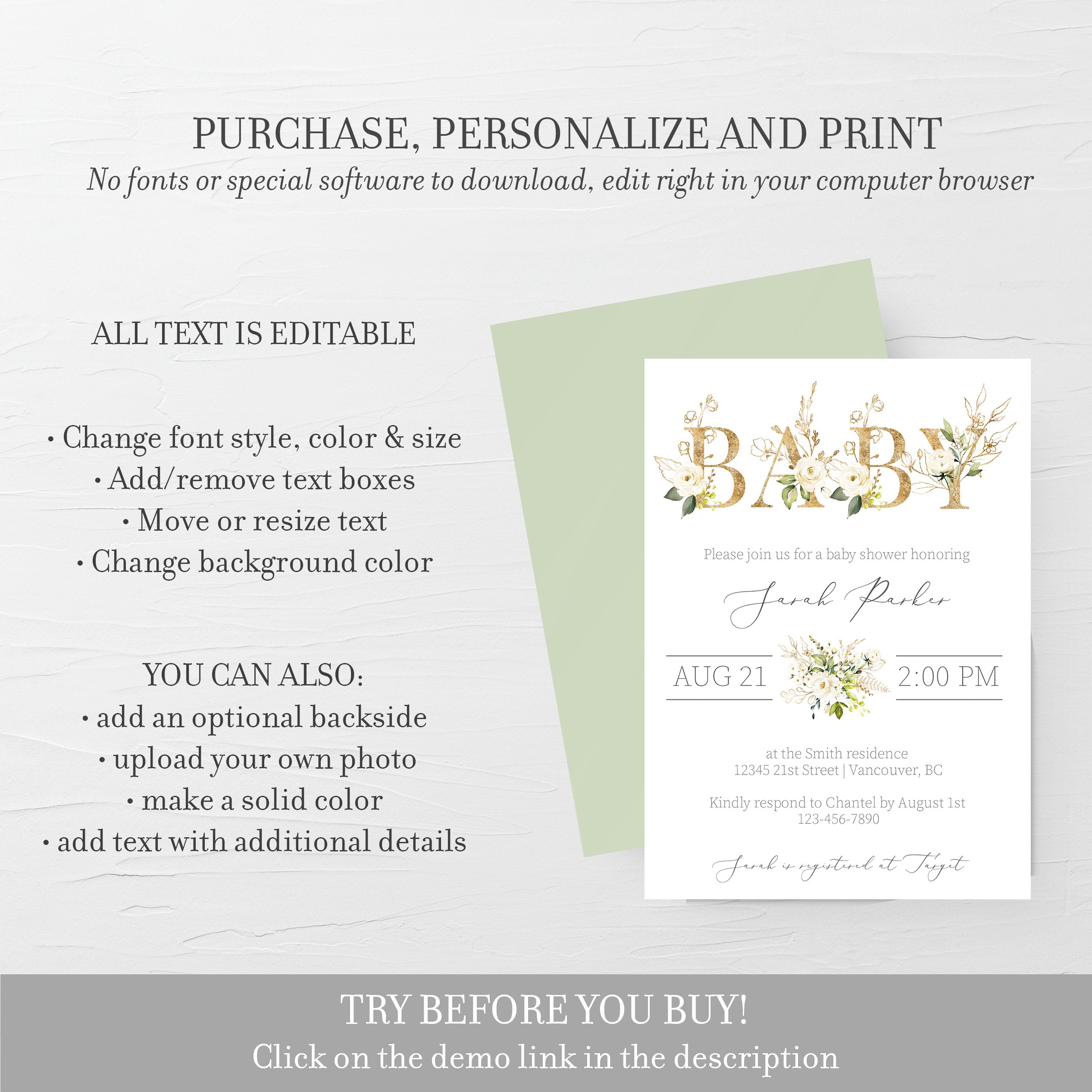 White Floral Greenery Baby Shower Invitation Template, Greenery Gold Baby Shower Invitation Printable, Editable DIGITAL DOWNLOAD - WRG100 - @PlumPolkaDot 