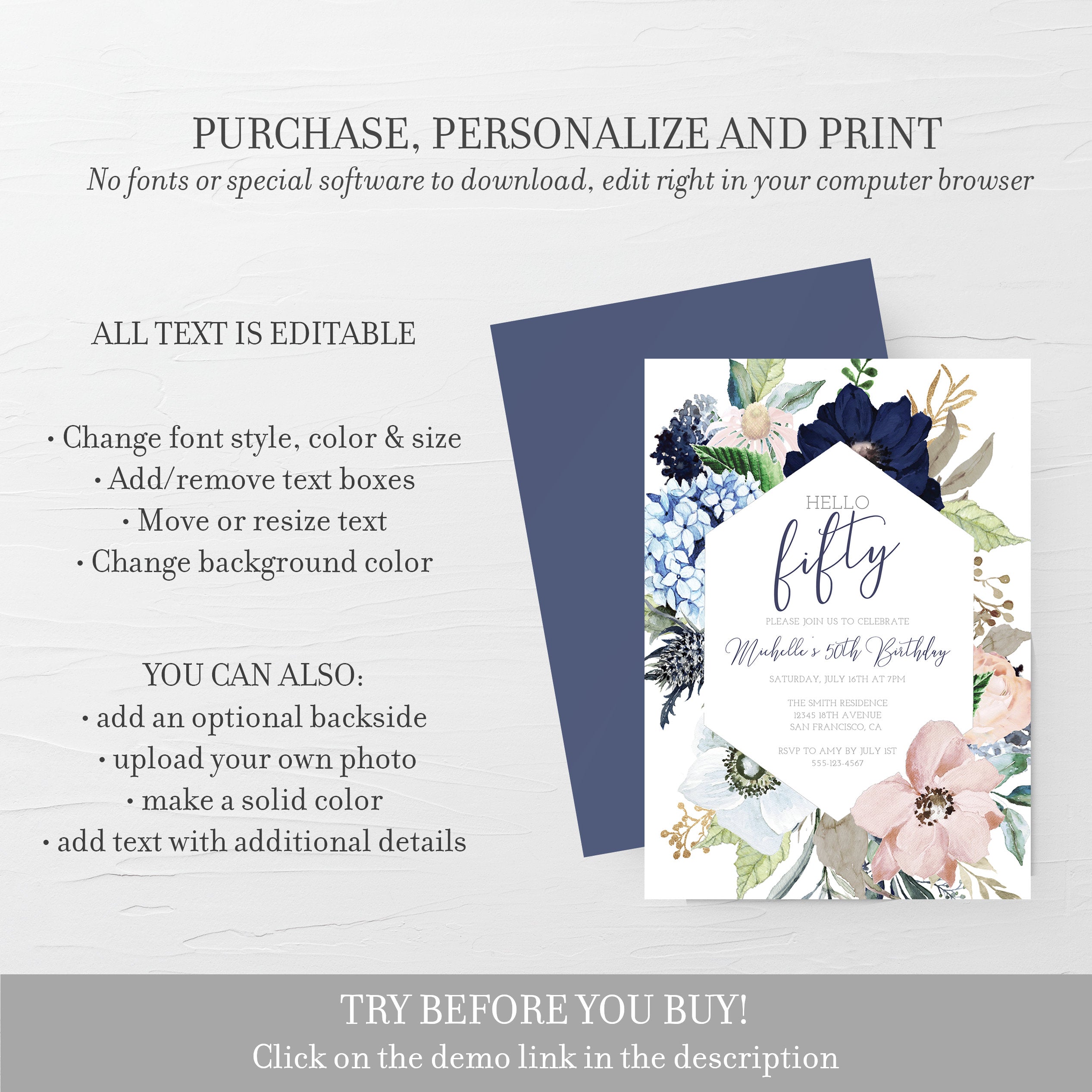 50th Birthday Invitation For Women, Printable 50th Birthday Party Invitation, Navy Blush Floral 50th Birthday Invite, INSTANT DOWNLOAD MB100