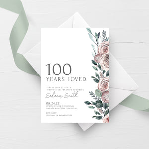 100th Birthday Invite Template, Rose 100th Birthday Invitation For Women, 100 Years Loved Birthday Party Printable, INSTANT DOWNLOAD BR100