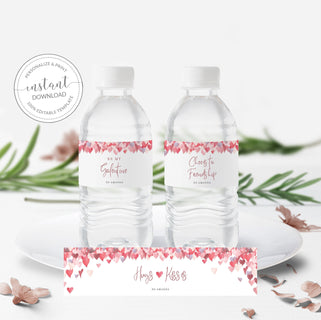 Galentines Day Party Water Bottle Labels Template, Be My Galentine, Printable Bottle Wrapper, Hearts Drink Label, INSTANT DOWNLOAD VH100