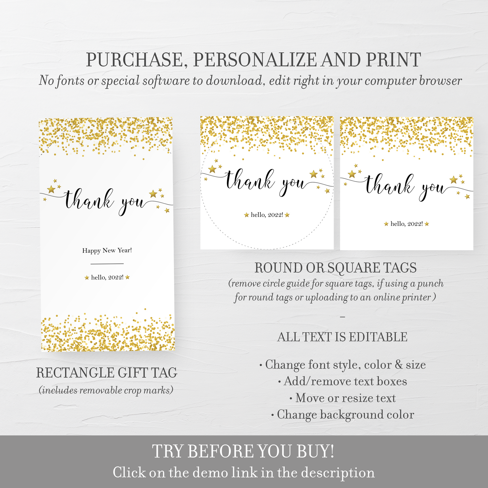 2021 New Years Eve Favors Tag Template, Printable Thank You Tags, Round Square or Rectangle, Editable INSTANT DOWNLOAD - NY100