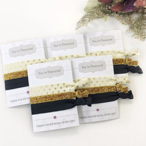 Black, Gold Glitter & Cream Hair Tie Favors - Friendship Bracelets - Gift for Her - @PlumPolkaDot 