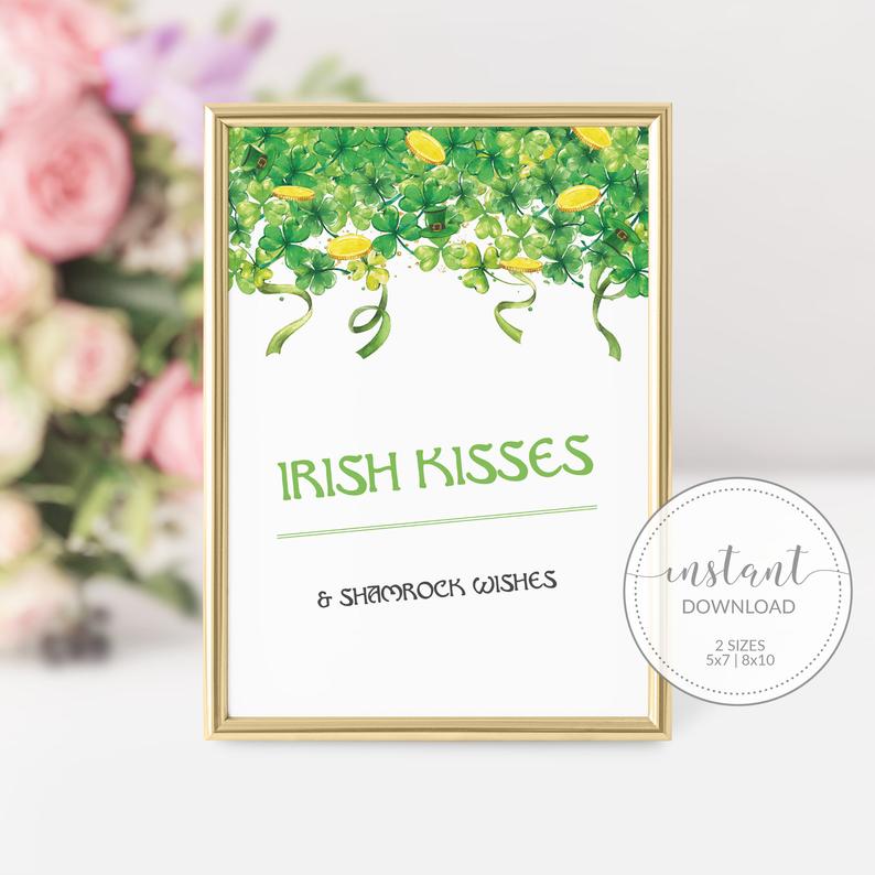 Irish Kisses and Shamrock Wishes Sign Printable, St Patricks Day Decorations, INSTANT DOWNLOAD - SP100