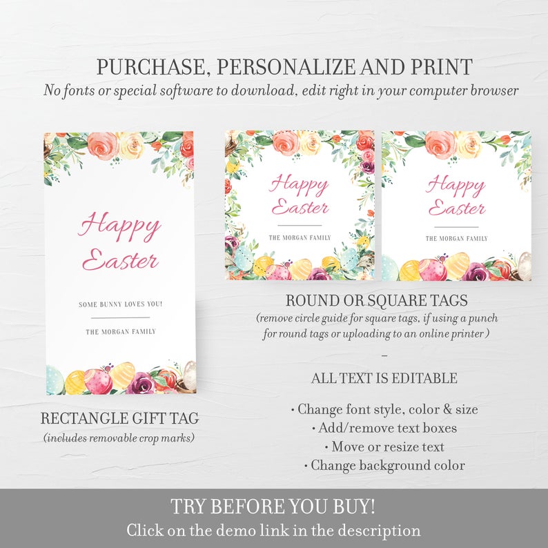 Easter Gift Tags Template, Printable Easter Bunny RabbitFavors Tag, Editable INSTANT DOWNLOAD - B100