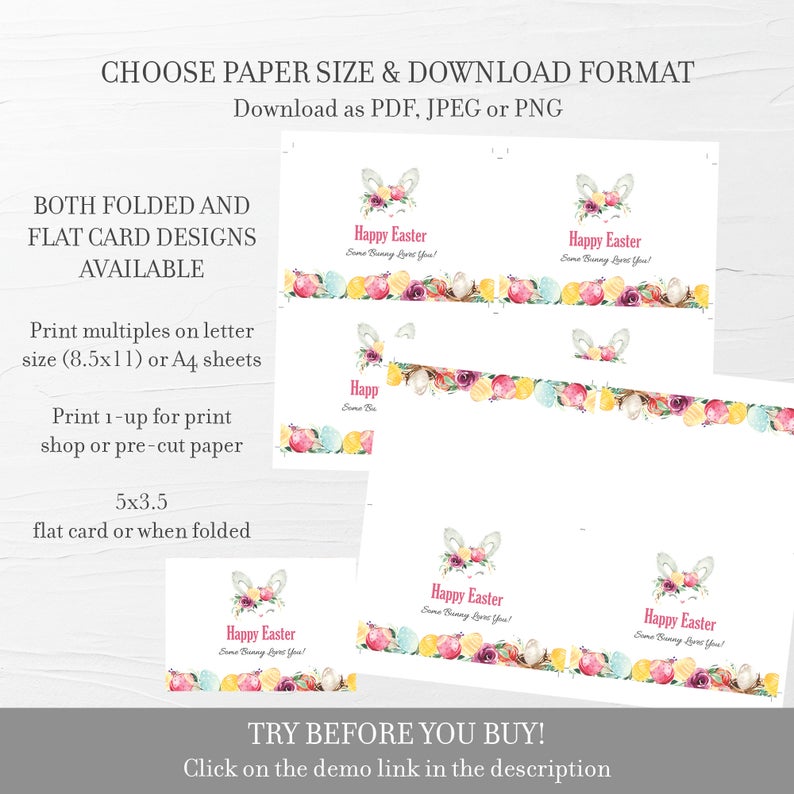 Easter Bunny Greeting Card Template, Printable Easter Note Card, Folded and Flat Cards 5X3.5, Editable INSTANT DOWNLOAD - B100