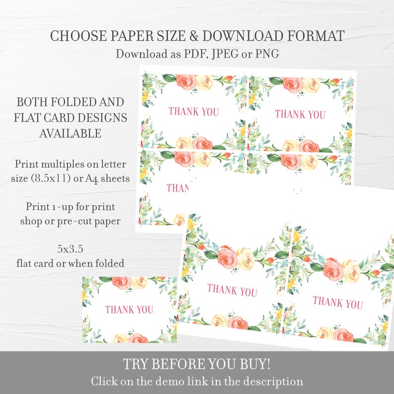 Spring Thank You Card Template, Printable Peach Floral Greeting Card Template, Folded and Flat Cards 5X3.5, Editable INSTANT DOWNLOAD - B100
