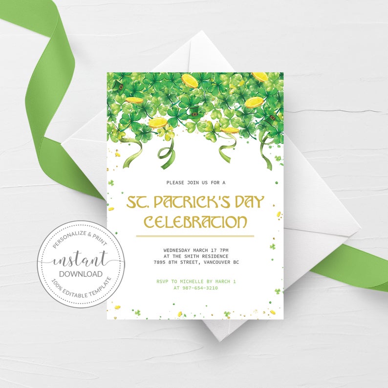 St Patricks Day Party Invitation Template, Printable St Patrick's Day Invite, Editable INSTANT DOWNLOAD - SP100