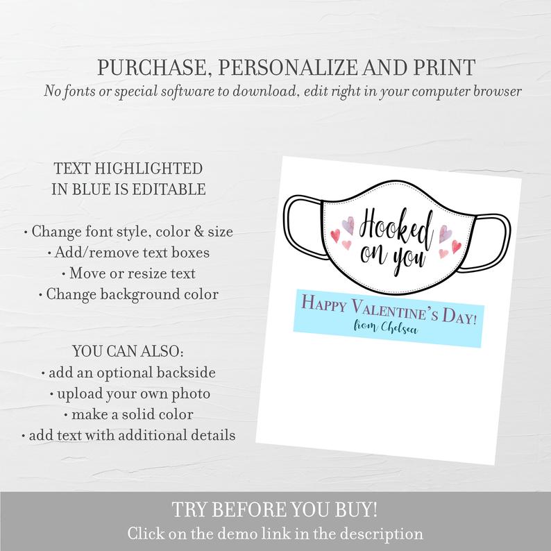 Mask Chain Valentine Card Template, Printable Quarantine Valentine's Day, Editable INSTANT DOWNLOAD