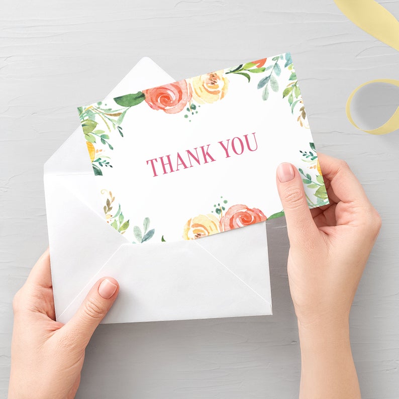 Spring Thank You Card Template, Printable Peach Floral Greeting Card Template, Folded and Flat Cards 5X3.5, Editable INSTANT DOWNLOAD - B100