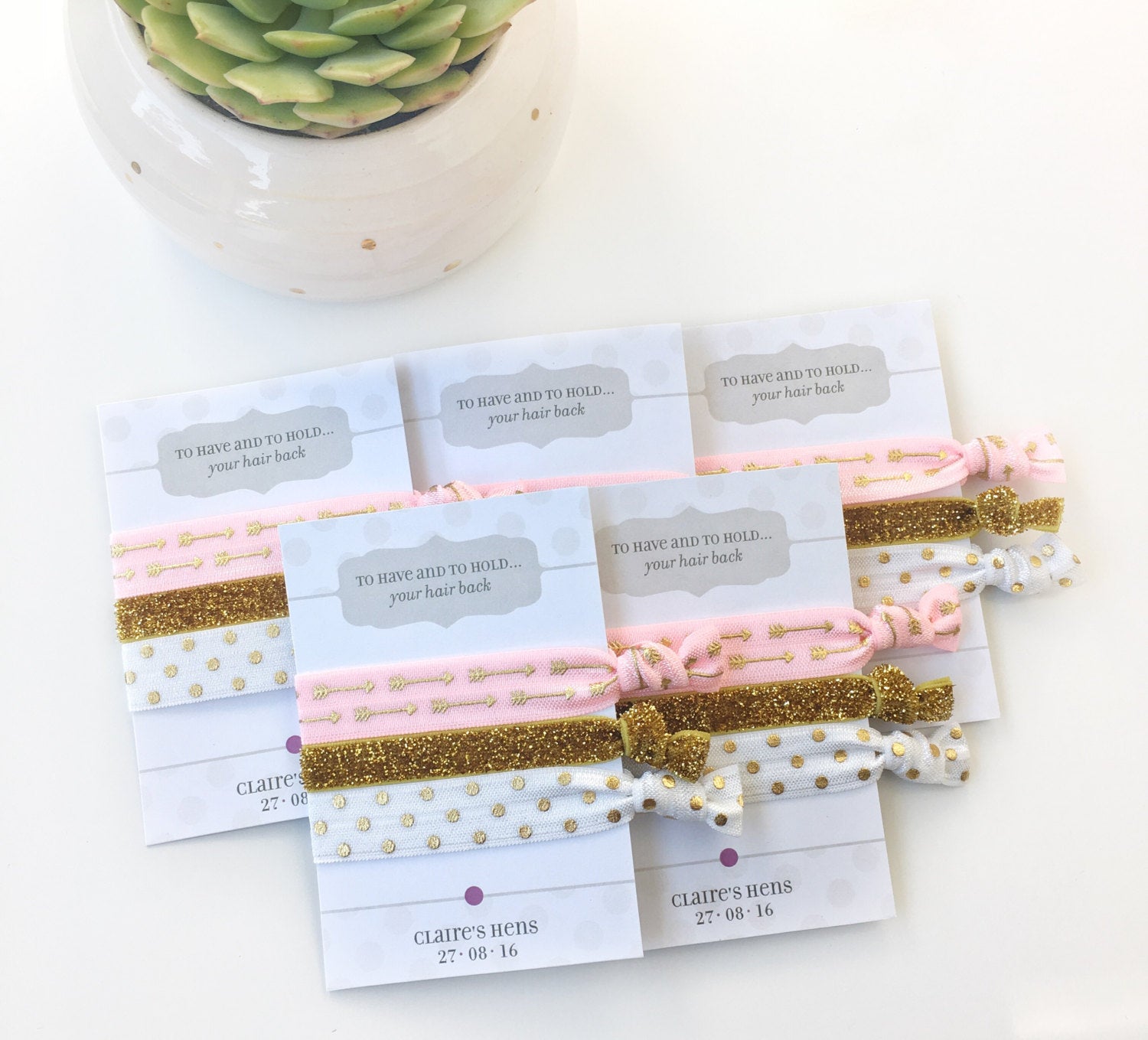 Pink and Gold Hen Party Favors, Bachelorette Hair Ties, Bachelorette Party Decorations, Pink and Gold Bachelorette, Hair Tie Favors - @PlumPolkaDot 