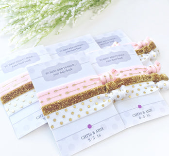 Pink and Gold Bridal Shower Favors, Gold and Pink Bridal Shower Supplies and Decorations, Gold Bachelorette Party, Hair Ties Take Home Gifts - @PlumPolkaDot 