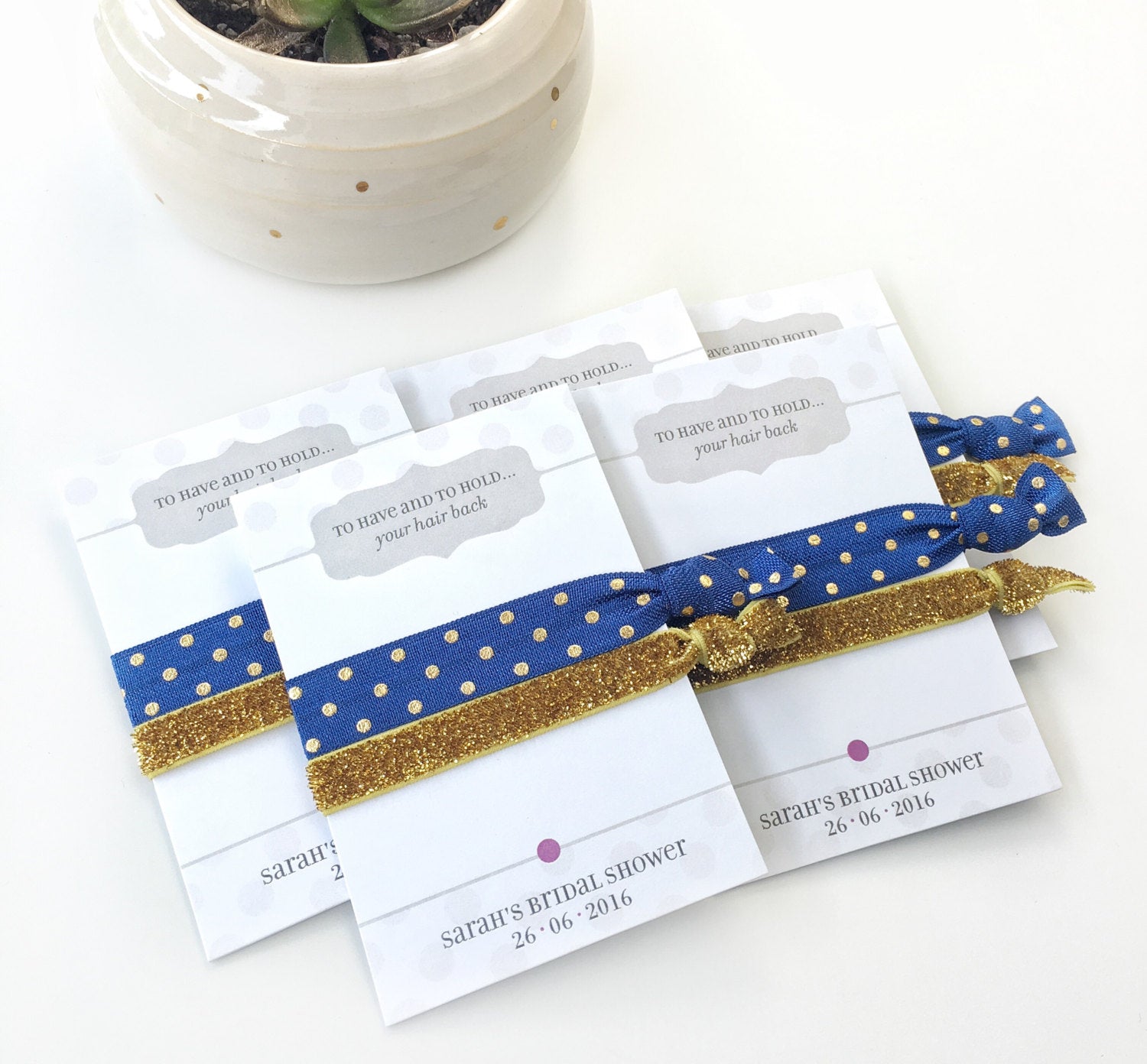 Navy and Gold Bridal Shower Favors for Guests, Gold Bridal Shower Decorations, Bachelorette Hair Ties, Bridal Shower Thank You Gifts - @PlumPolkaDot 