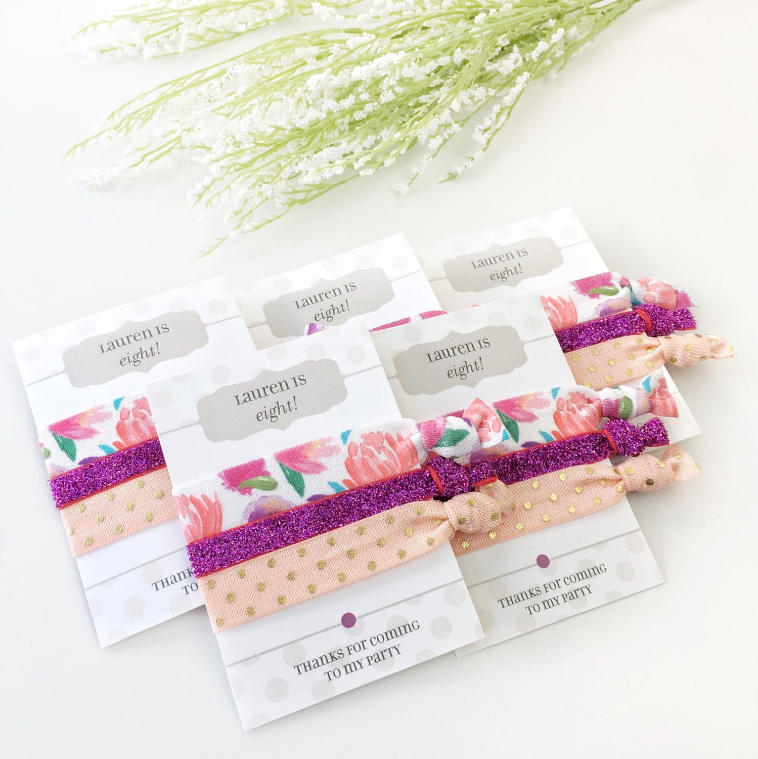 Floral Party Favors for Girls, Personalized Birthday Party Favors, Hair Tie Favors, Floral Birthday Decorations, Girls Party Favors - @PlumPolkaDot 
