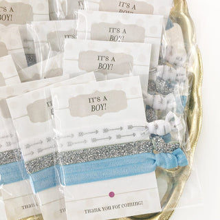 Boy Baby Shower Favors Hair Ties, Silver and Blue Baby Shower Gifts for Guests, Baby Shower Goodie Bag Fillers, Hair Tie Party Favors - @PlumPolkaDot 