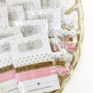 Girl Baby Shower Favors, Baby Shower Decorations Girl Pink and Gold, Pink Baby Shower Supplies, It's a Girl Baby Shower Theme, Hair Ties - @PlumPolkaDot 
