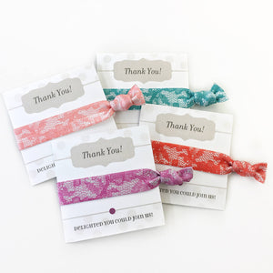 Lace Print Bridal Shower Favors, Hair Tie Wedding Shower Thank You Gifts for Guests, Bridal Shower Decorations, Bachelorette Hair Tie Favors - @PlumPolkaDot 