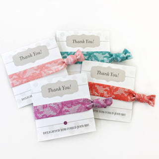 Lace Print Bridal Shower Favors, Hair Tie Wedding Shower Thank You Gifts for Guests, Bridal Shower Decorations, Bachelorette Hair Tie Favors - @PlumPolkaDot 