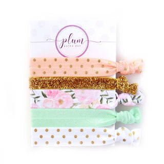 Pastel Floral Hair Tie Bracelet, Stocking Stuffers for Women and Girls, No Crease Hair Tie, Pony Tail Holder, Hair Elastics, Set of 5 - @PlumPolkaDot 
