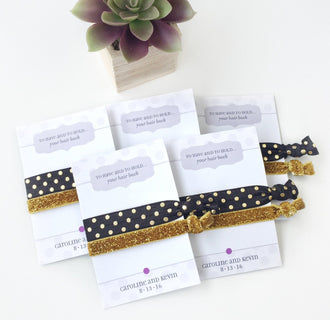 Bridal Shower Favors for Guests, Black and Gold Wedding Shower Favors, Bachelorette Party Favors, Bridal Shower Supplies, Hair Ties - @PlumPolkaDot 