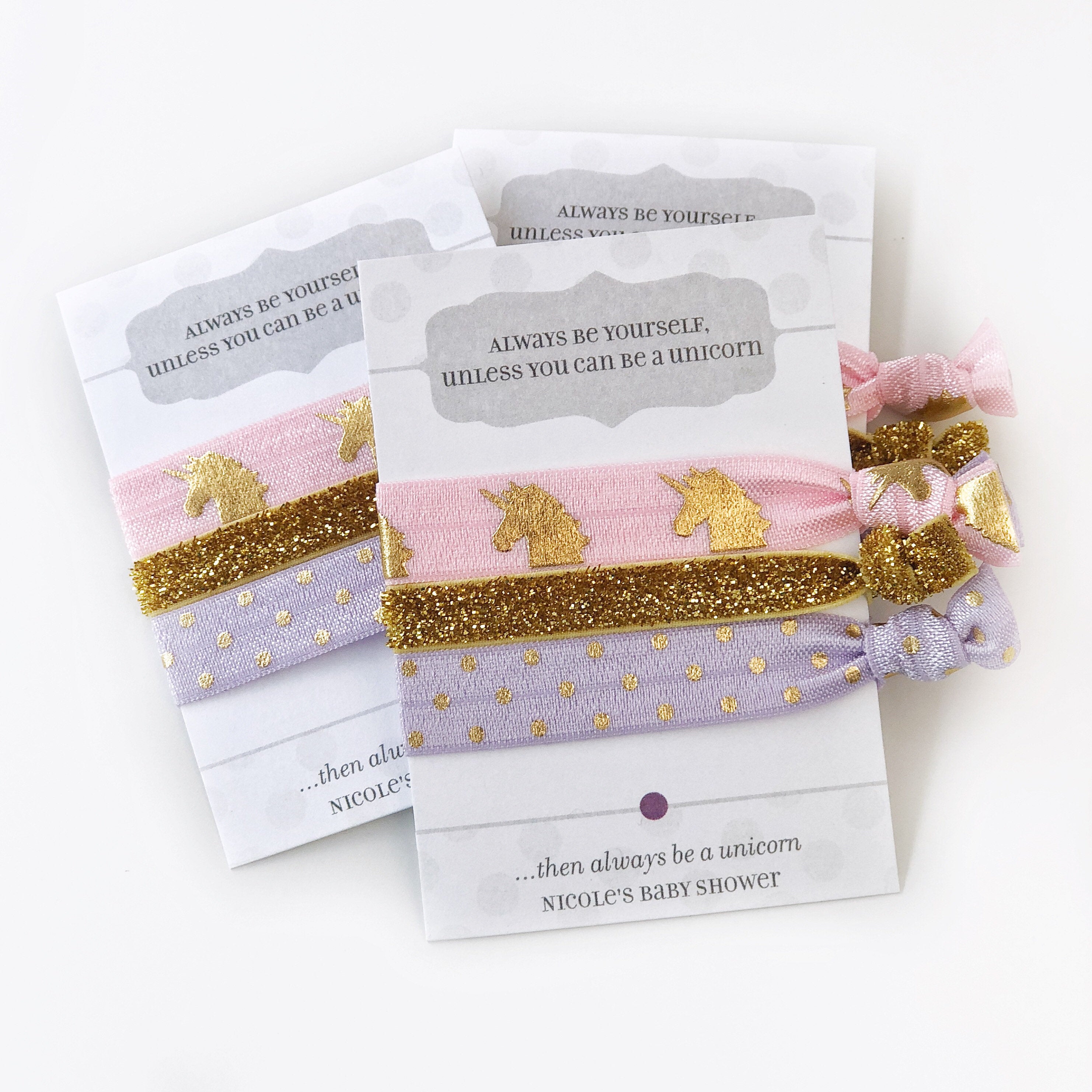 Unicorn Baby Shower Favors, Unicorn Baby Shower Supplies, Unicorn Baby Shower Decorations Pink and Gold, Unicorn Party Favors Hair Ties - @PlumPolkaDot 