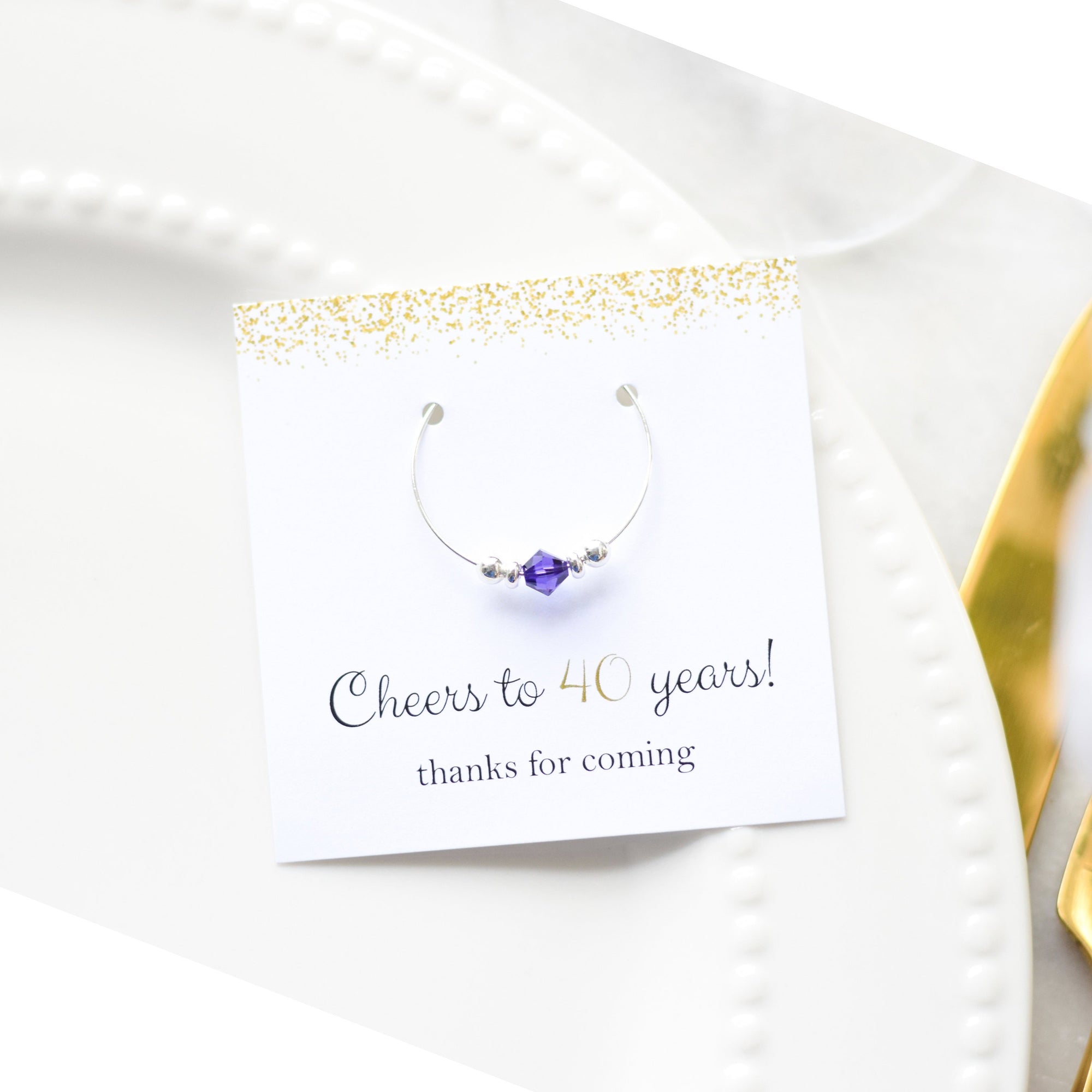 40th Birthday Party Favors, Cheers to 40 Years, 40th Birthday Favor for Woman, 40th Birthday Supplies, Swarovski Crystal Wine Charm Favors - @PlumPolkaDot 