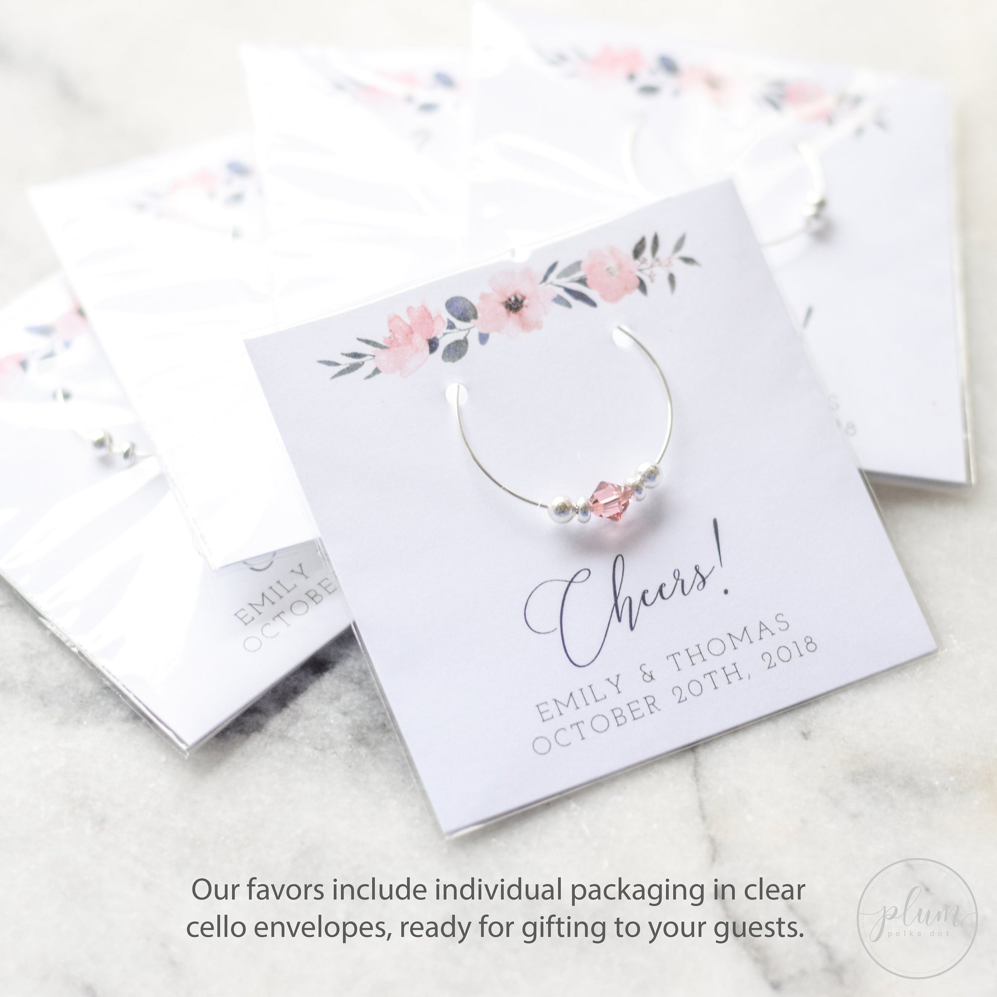 Vow Renewal Favors Wine Charms, Navy and Blush Floral Anniversary Party Favors for Guests, Personalized Anniversary Thank You - MB100