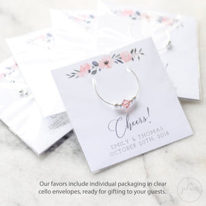 Garden Wedding Favors, Pink Floral Wedding Favors, Cheers to Love Wedding Favors Personalized, Outdoor Wedding Swarovski Crystal Wine Charms - @PlumPolkaDot 