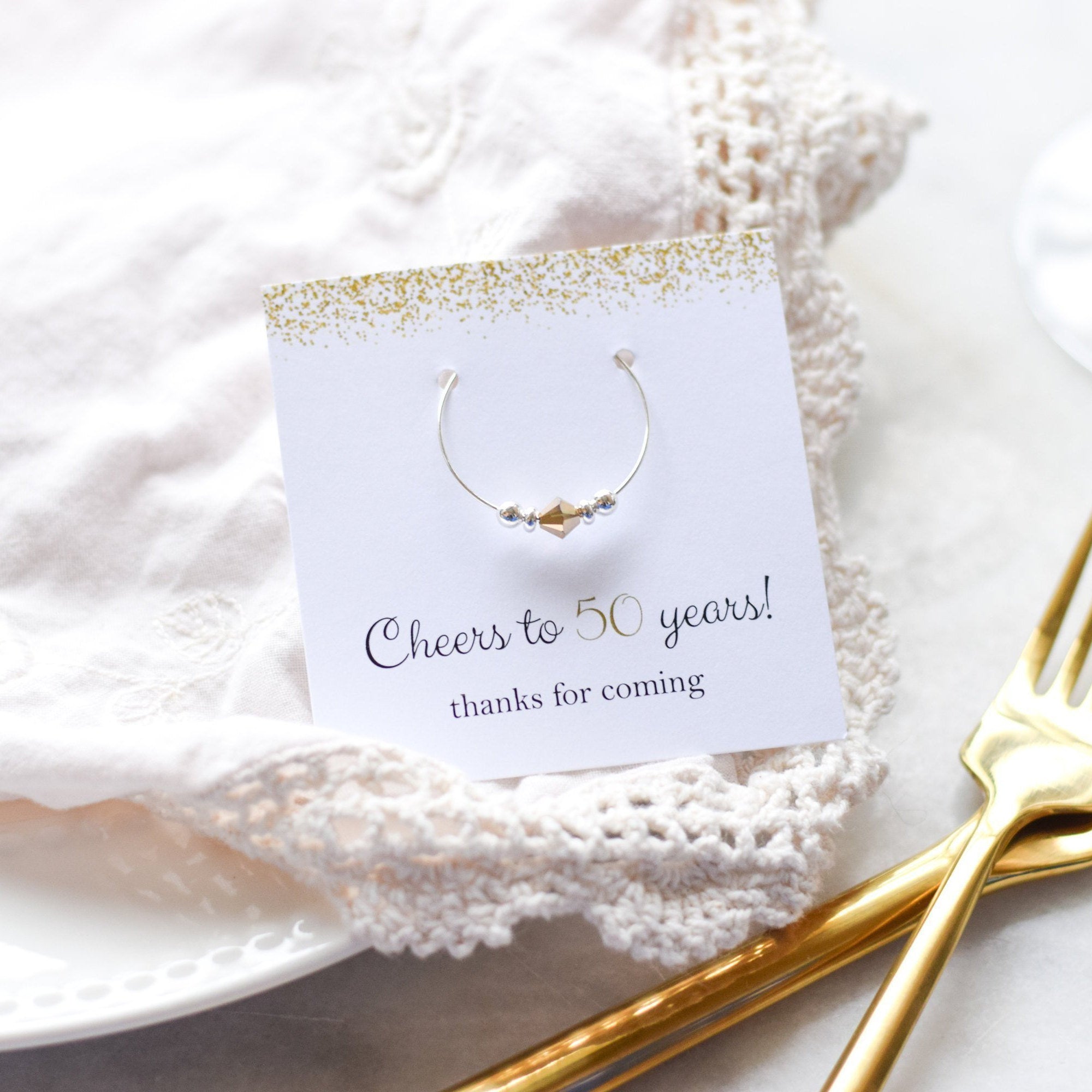 Cheers to 50 Years, 50th Birthday Party Favors, 50th Birthday Favor for Adults, 50th Birthday Supplies, Swarovski Crystal Wine Charm Favors - @PlumPolkaDot 