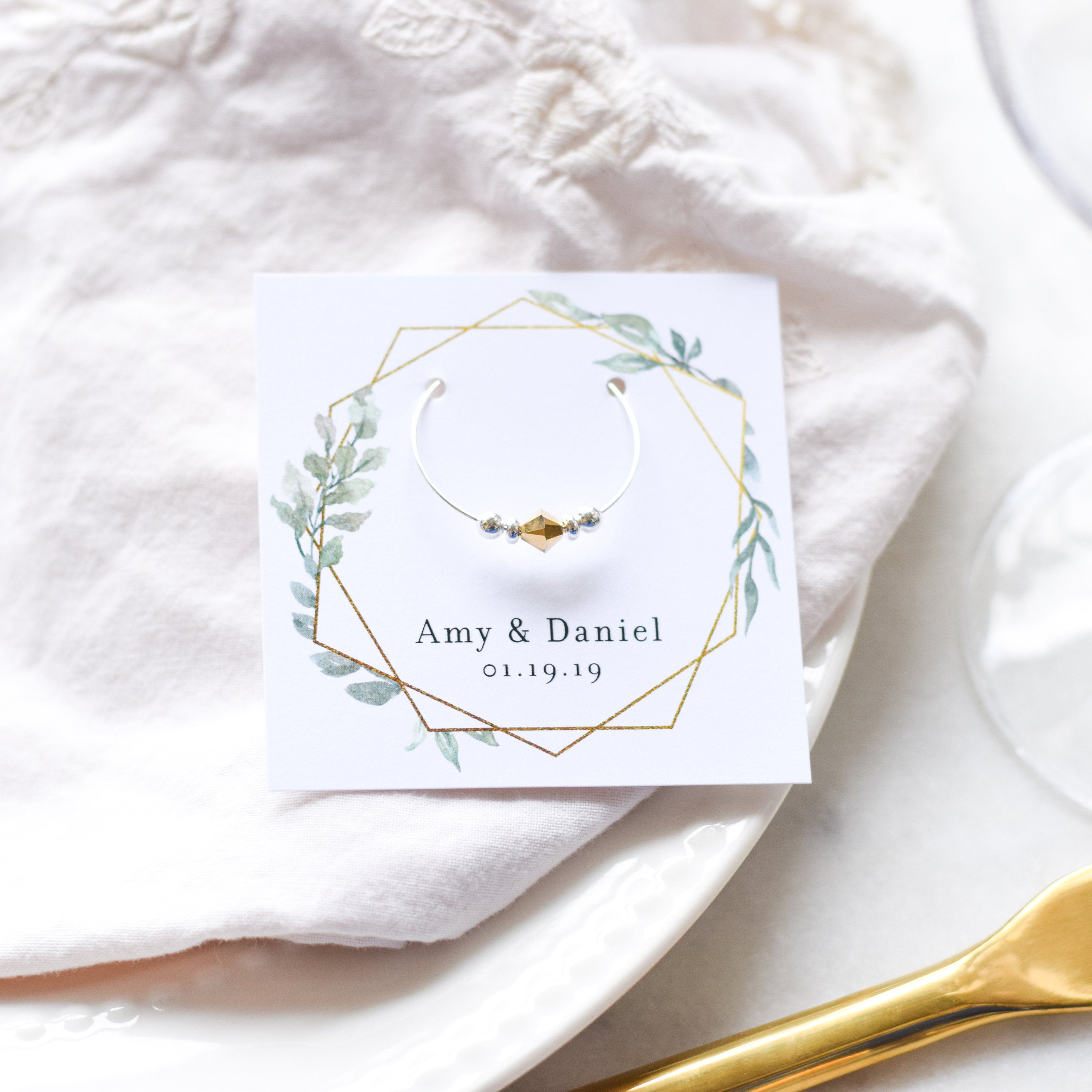 Geometric Gold Bridal Shower Favors Greenery, Personalized Bridal Shower Favors, Bridal Shower Decorations, Swarovski Wine Charm - GFG100 - @PlumPolkaDot 