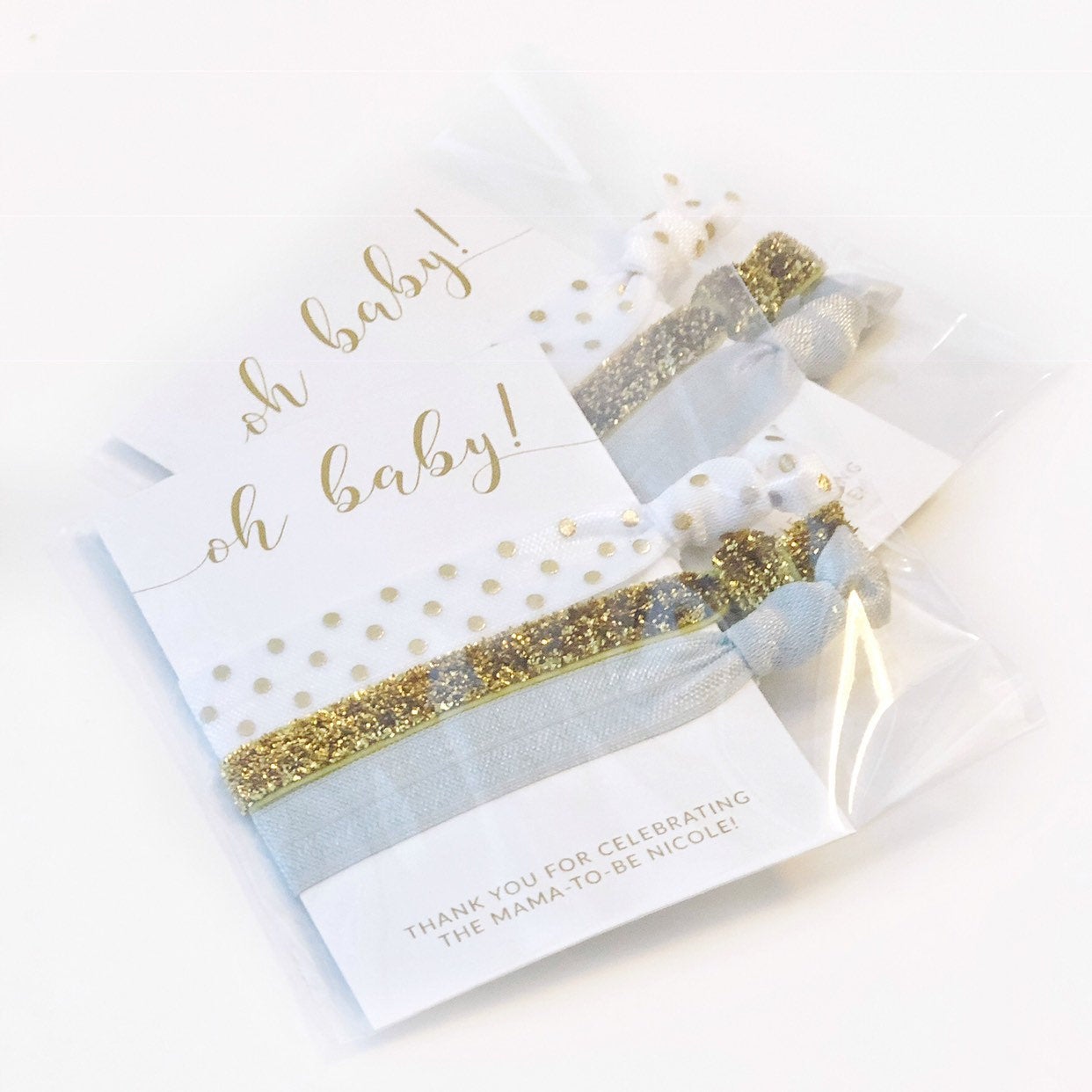 Gender Neutral Baby Shower Favors, Grey Baby Shower Favors, Unique Baby Shower Favor Hair Ties, Gold Baby Shower Decorations - @PlumPolkaDot 