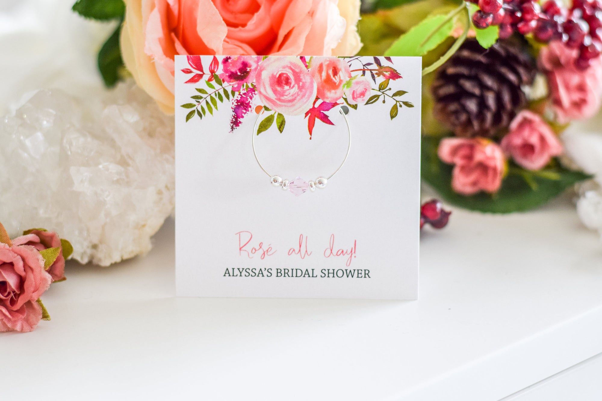 Rose All Day Bridal Shower Favors, Wine Charm Favors Bridal Shower, Winery Bridal Shower Gifts for Guests, Swarovski Crystal Wine Charms - @PlumPolkaDot 