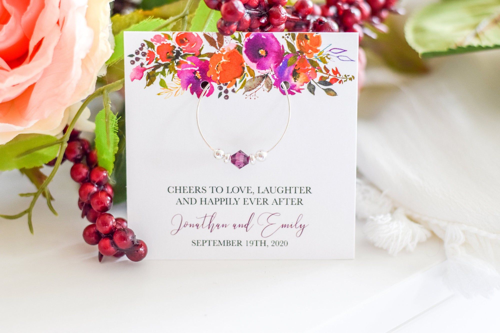 Purple and Orange Wedding Favors, Orange and Purple Wedding Favors, Autumn Wedding Favors Table Decor, Swarovski Crystal Wine Charms - @PlumPolkaDot 