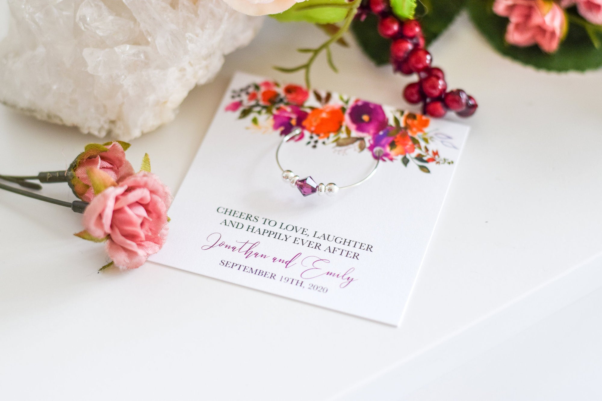 Purple and Orange Wedding Favors, Orange and Purple Wedding Favors, Autumn Wedding Favors Table Decor, Swarovski Crystal Wine Charms - @PlumPolkaDot 