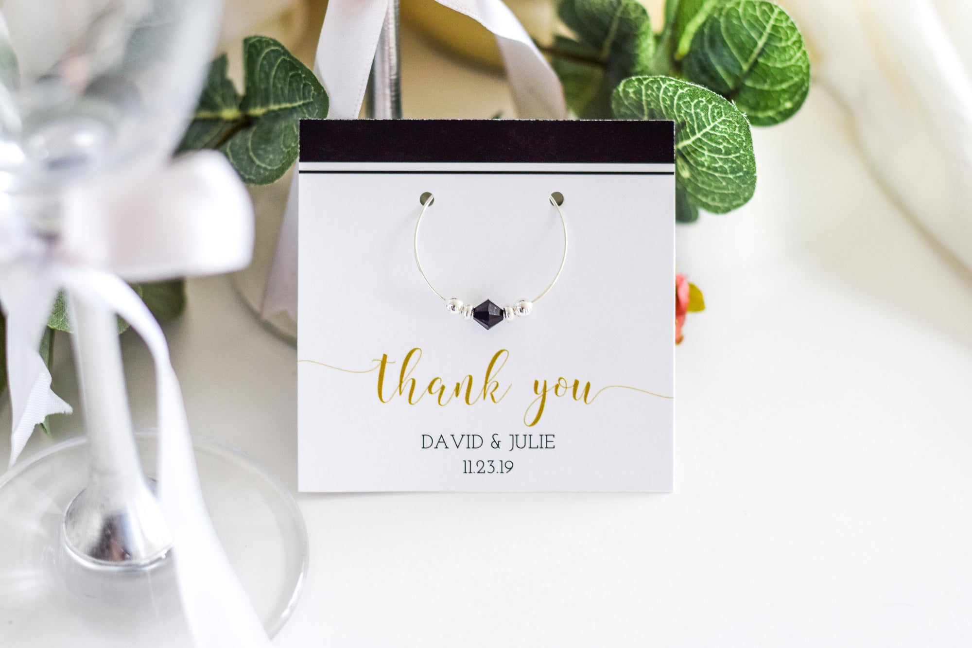 Black and Gold Engagement Party Favors, Swarovski Crystal Wine Charm
