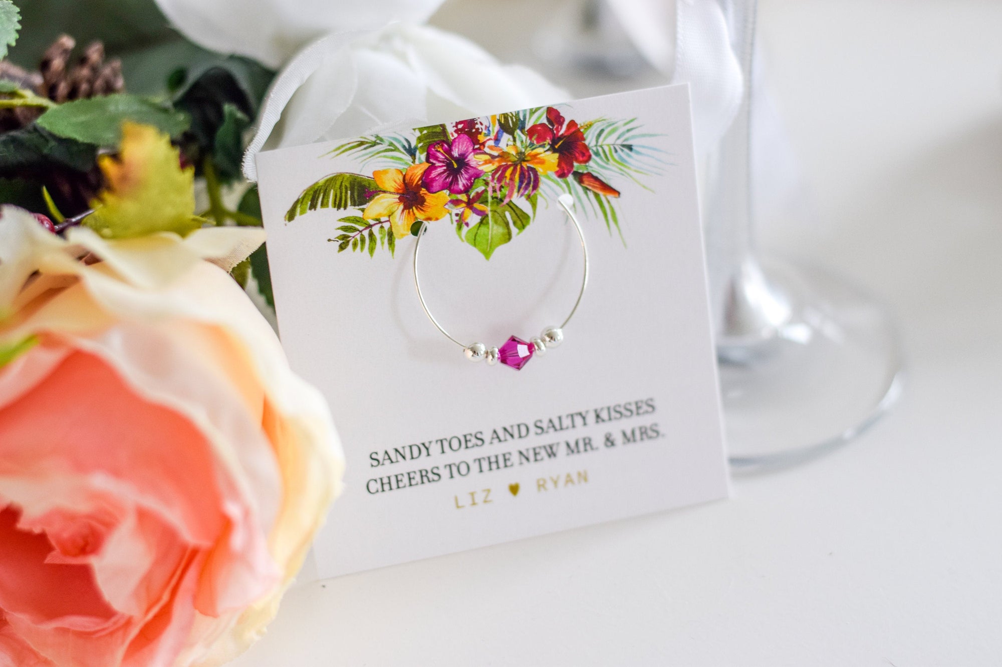 Destination Wedding Favors for Guests, Beach Wedding Favors Travel, Tropical Wedding Party Favors for Adults, Swarovski Crystal Wine Charms - @PlumPolkaDot 