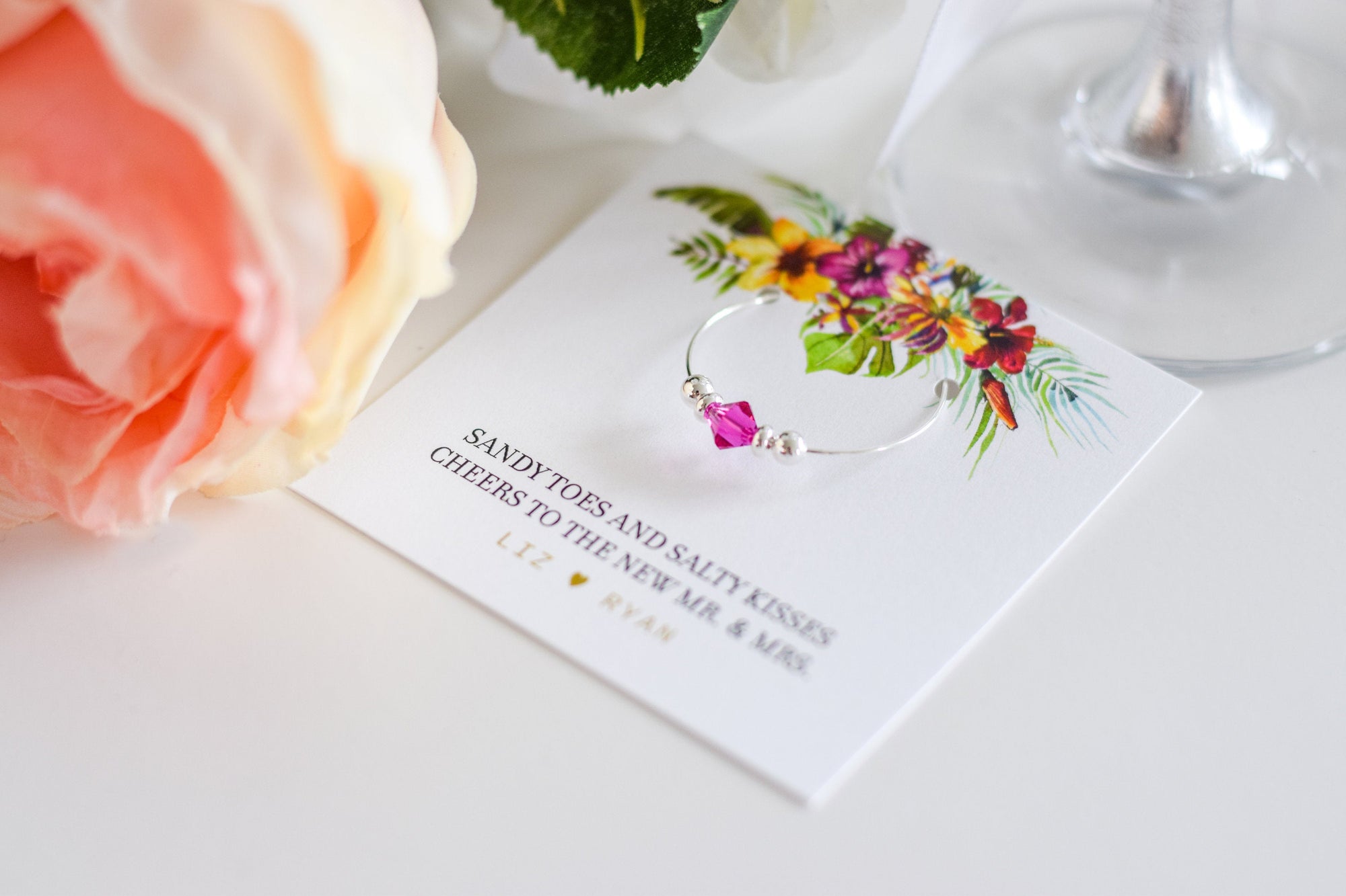 Tropical Engagement Party Favors for Adults, Beach Destination Wedding Engagement Party Favors for Guests, Swarovski Crystal Wine Charms - @PlumPolkaDot 