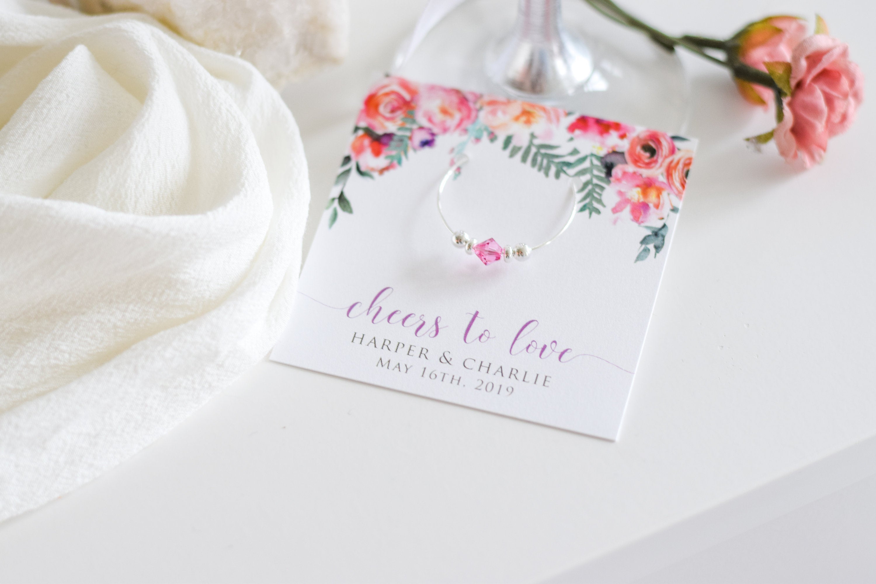 Garden Wedding Favors, Pink Floral Wedding Favors, Cheers to Love Wedding Favors Personalized, Outdoor Wedding Swarovski Crystal Wine Charms - @PlumPolkaDot 