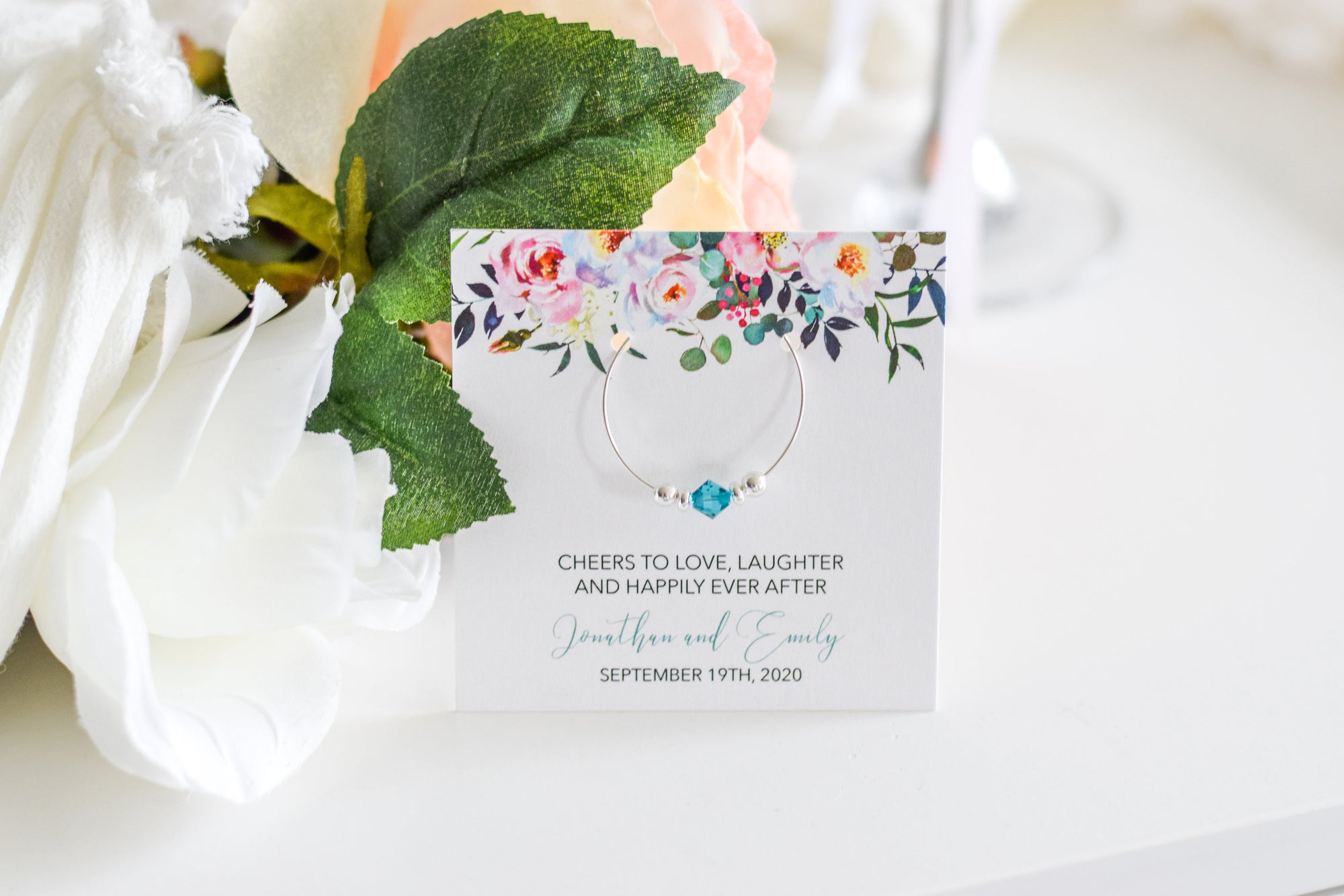 Floral Eucalyptus Wedding Favors Wine Theme, Floral Wedding Favors, Backyard Wedding Gifts for Guests, Swarovski Crystal Wine Charms - @PlumPolkaDot 