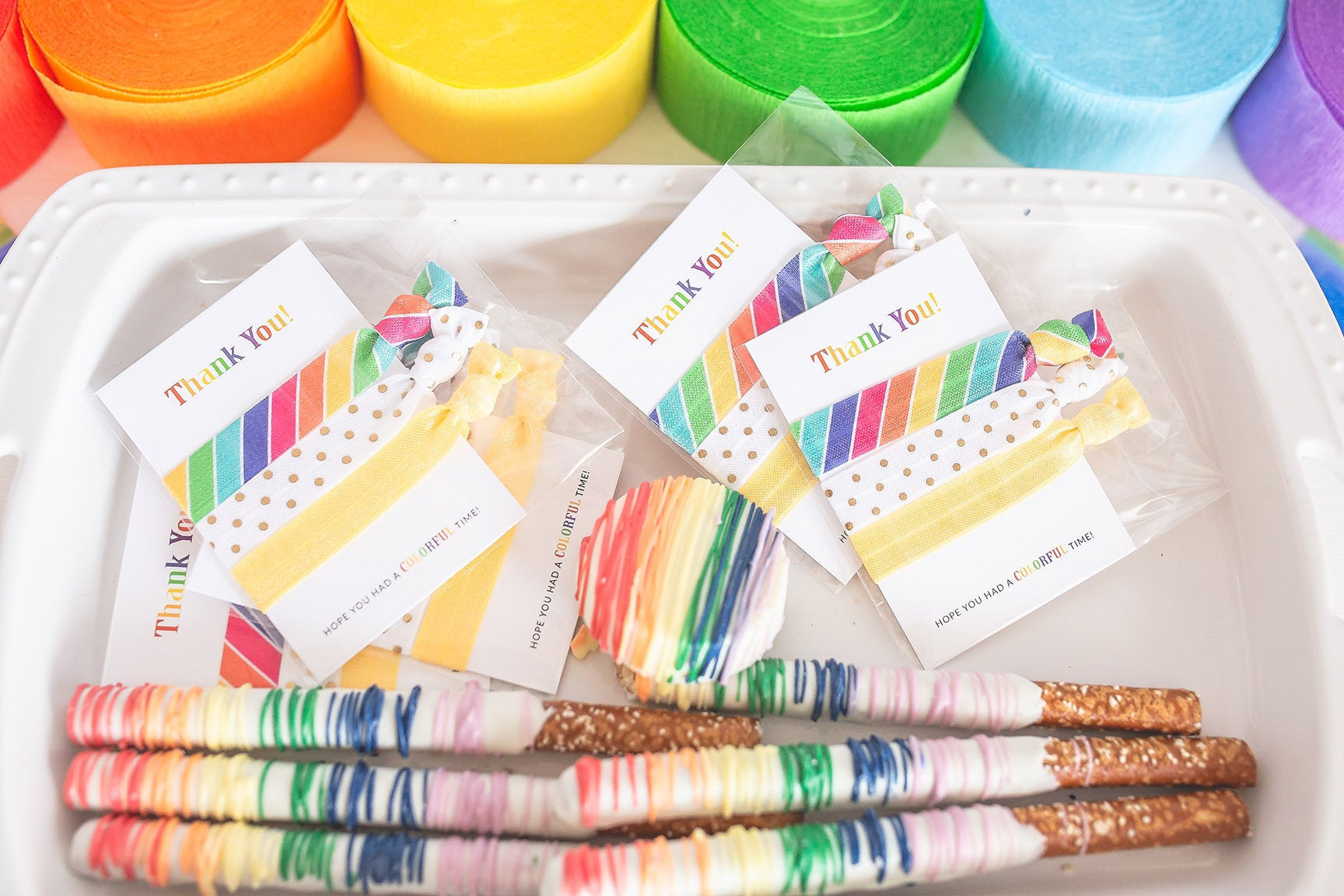 Rainbow Party Favors, Rainbow Party Supplies, Rainbow Party Decorations, Summer Party Favors, Rainbow Birthday Party Favors, Hair Tie Favors - @PlumPolkaDot 