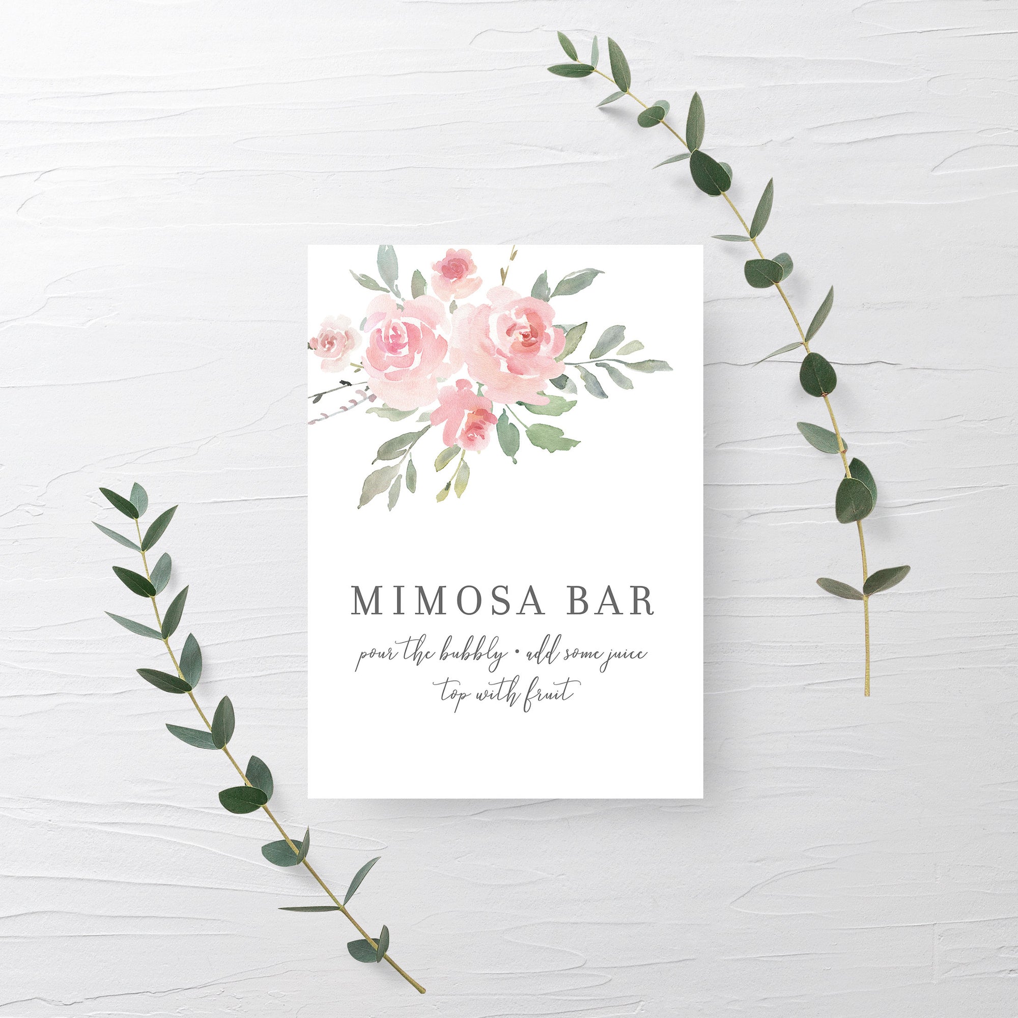 Printable Mimosa Bar Sign with blush watercolor flowers | Instant download