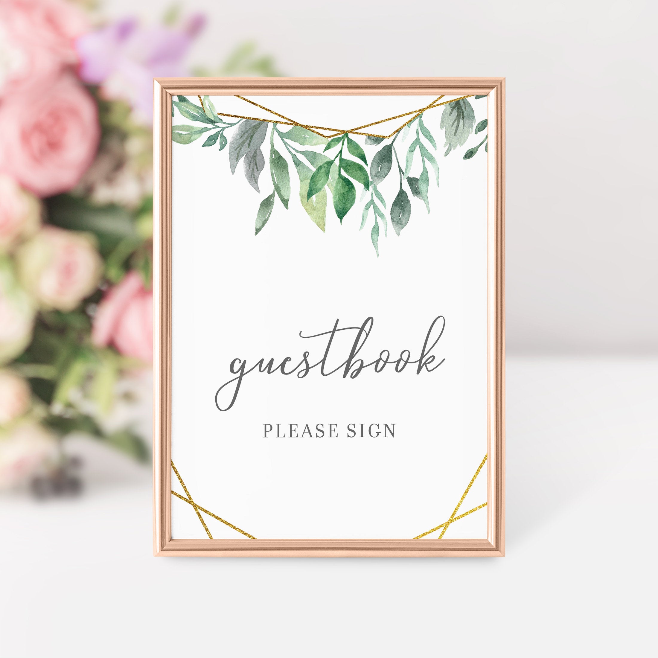 Geometric Gold Greenery Printable Guestbook Sign INSTANT DOWNLOAD, Bridal Shower, Baby Shower, Wedding Decorations and Supplies - GFG100 - @PlumPolkaDot 