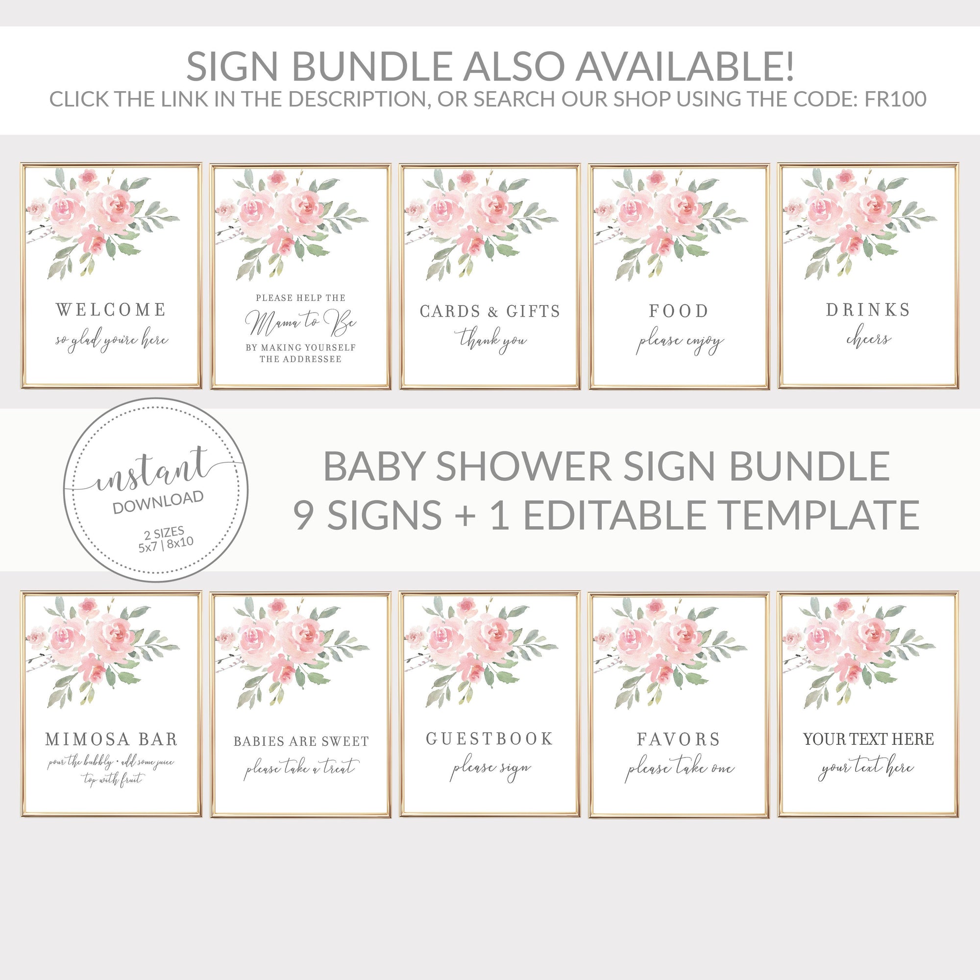 Blush Pink Floral Mimosa Bar Printable Sign INSTANT DOWNLOAD, Birthday, Bridal Shower, Baby Shower, Wedding Decorations and Supplies - FR100 - @PlumPolkaDot 