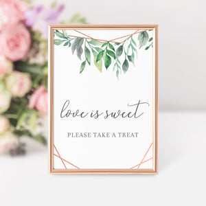 Geometric Rose Gold Greenery Printable Treat Sign, INSTANT DOWNLOAD, Wedding Bridal Shower Love Is Sweet Dessert Table Decorations - GFRG100 - @PlumPolkaDot 