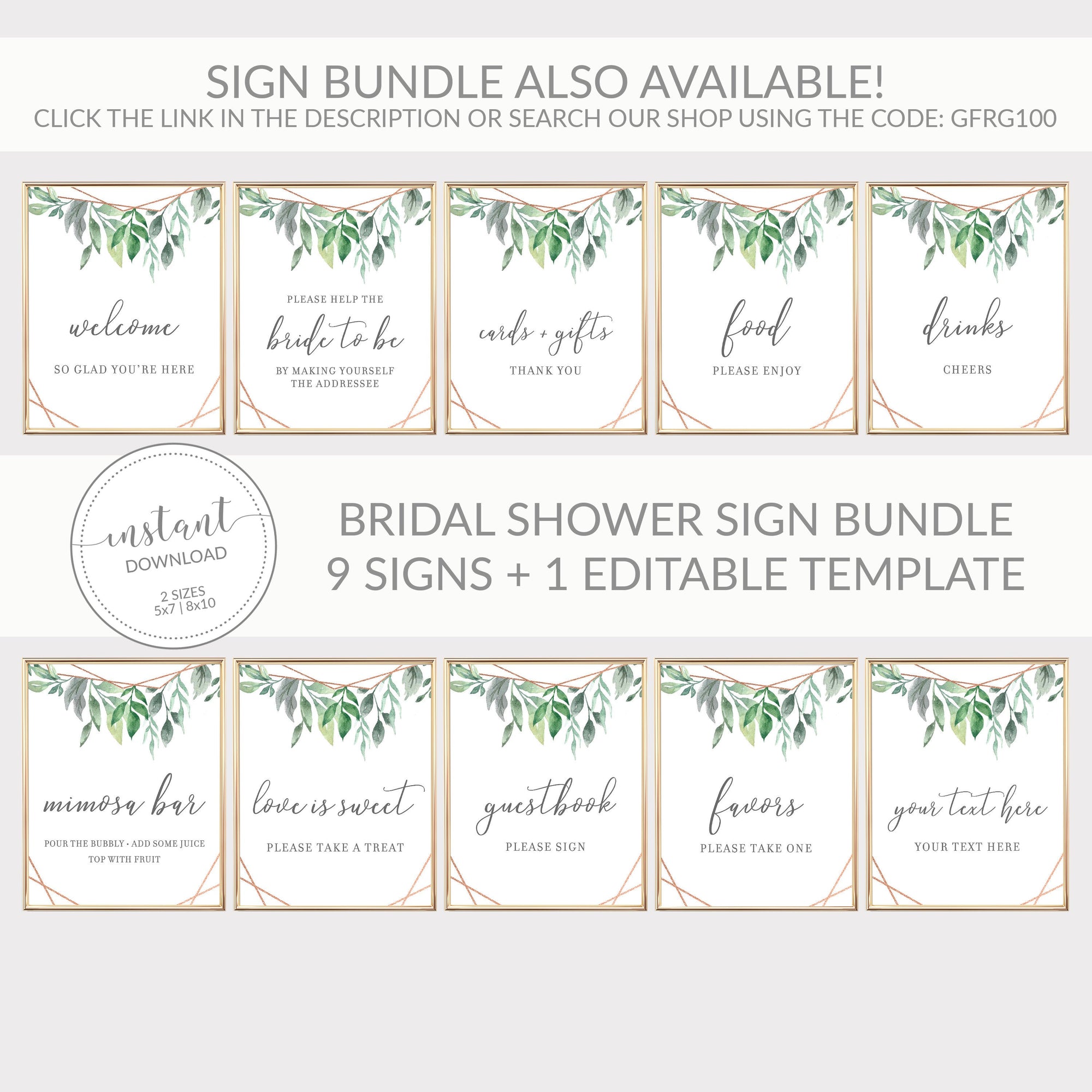 Geometric Rose Gold Greenery Printable Drinks Sign INSTANT DOWNLOAD, Bridal Shower, Baby Shower, Wedding Decorations and Supplies - GFRG100 - @PlumPolkaDot 