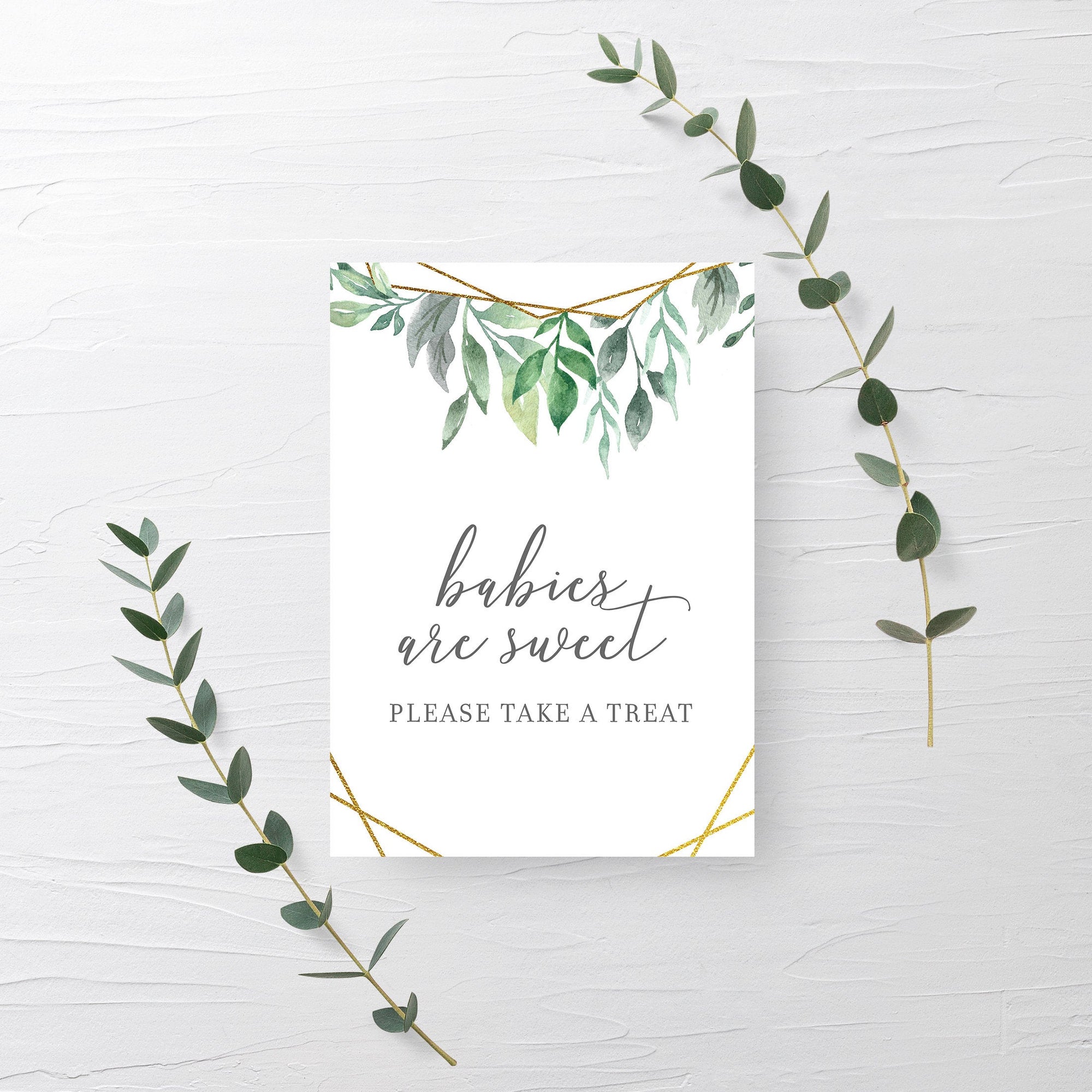 Geometric Gold Greenery Printable Treat Sign, INSTANT DOWNLOAD, Baby Shower Sip and See Babies Are Sweet Dessert Table Decorations - GFG100 - @PlumPolkaDot 