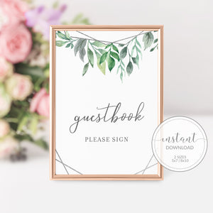 Geometric Silver Greenery Printable Guestbook Sign INSTANT DOWNLOAD, Bridal Shower, Baby Shower, Wedding Decorations Supplies - GFS100 - @PlumPolkaDot 