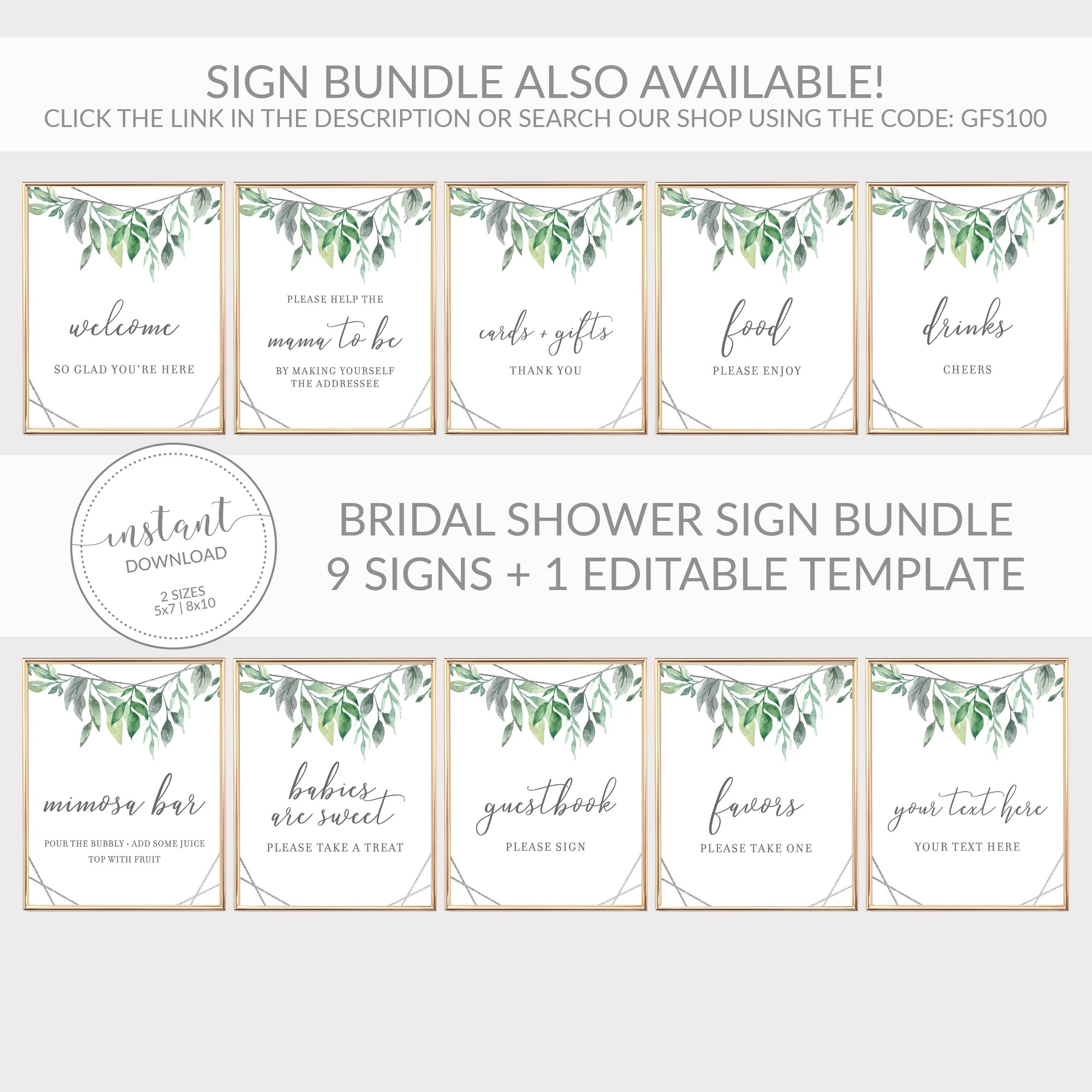 Geometric Silver Greenery Printable Food Sign INSTANT DOWNLOAD, Bridal Shower, Baby Shower, Wedding Decorations and Supplies - GFS100 - @PlumPolkaDot 