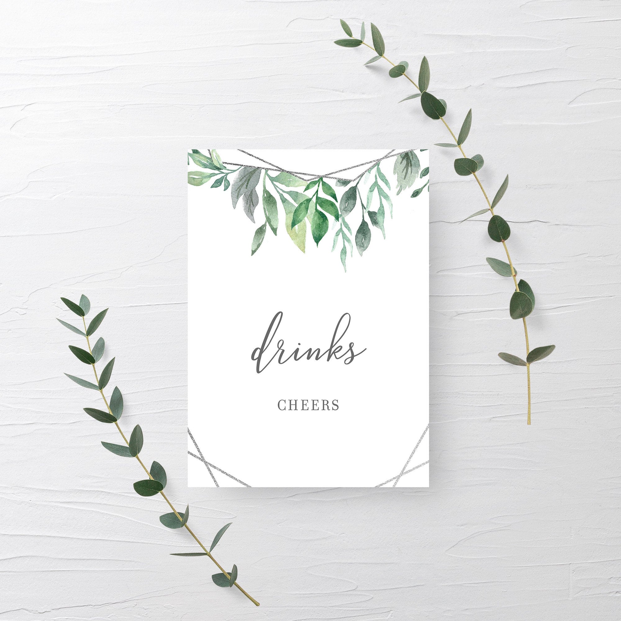 Geometric Silver Greenery Printable Drinks Sign INSTANT DOWNLOAD, Bridal Shower, Baby Shower, Wedding Decorations and Supplies - GFS100 - @PlumPolkaDot 