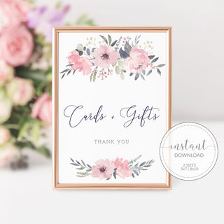 Navy and Blush Floral Cards and Gifts Printable Sign INSTANT DOWNLOAD, Bridal Shower, Baby Shower, Wedding Decorations and Supplies - NB100 - @PlumPolkaDot 