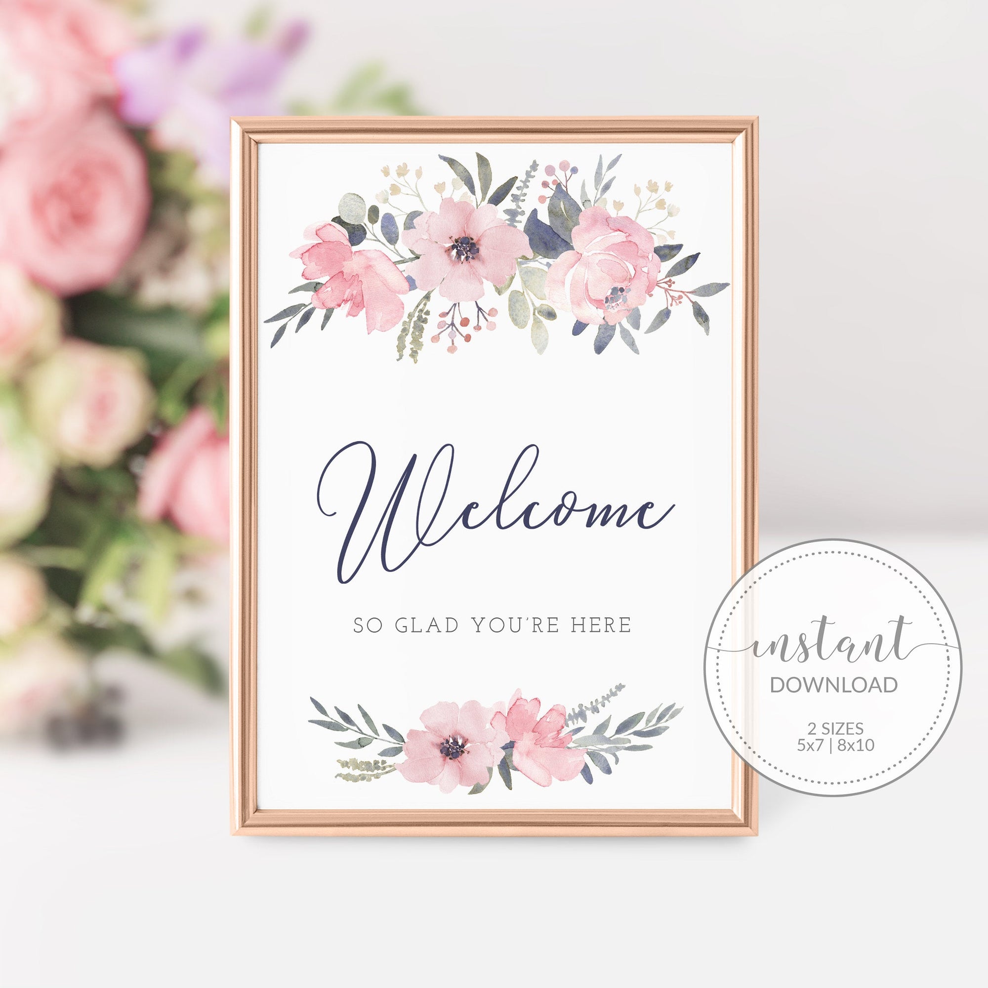 Navy And Blush Floral Printable Welcome Sign INSTANT DOWNLOAD, Birthday, Bridal Shower, Baby Shower, Wedding Decorations Supplies - NB100 - @PlumPolkaDot 